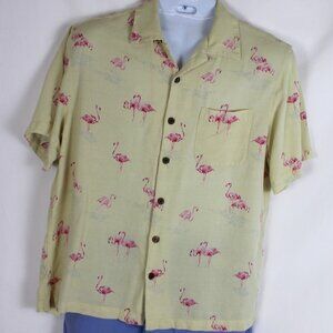 CARIBBEAN Button Front Shirt Men Size Large Yellow with Pink Flamingo AOP S/S